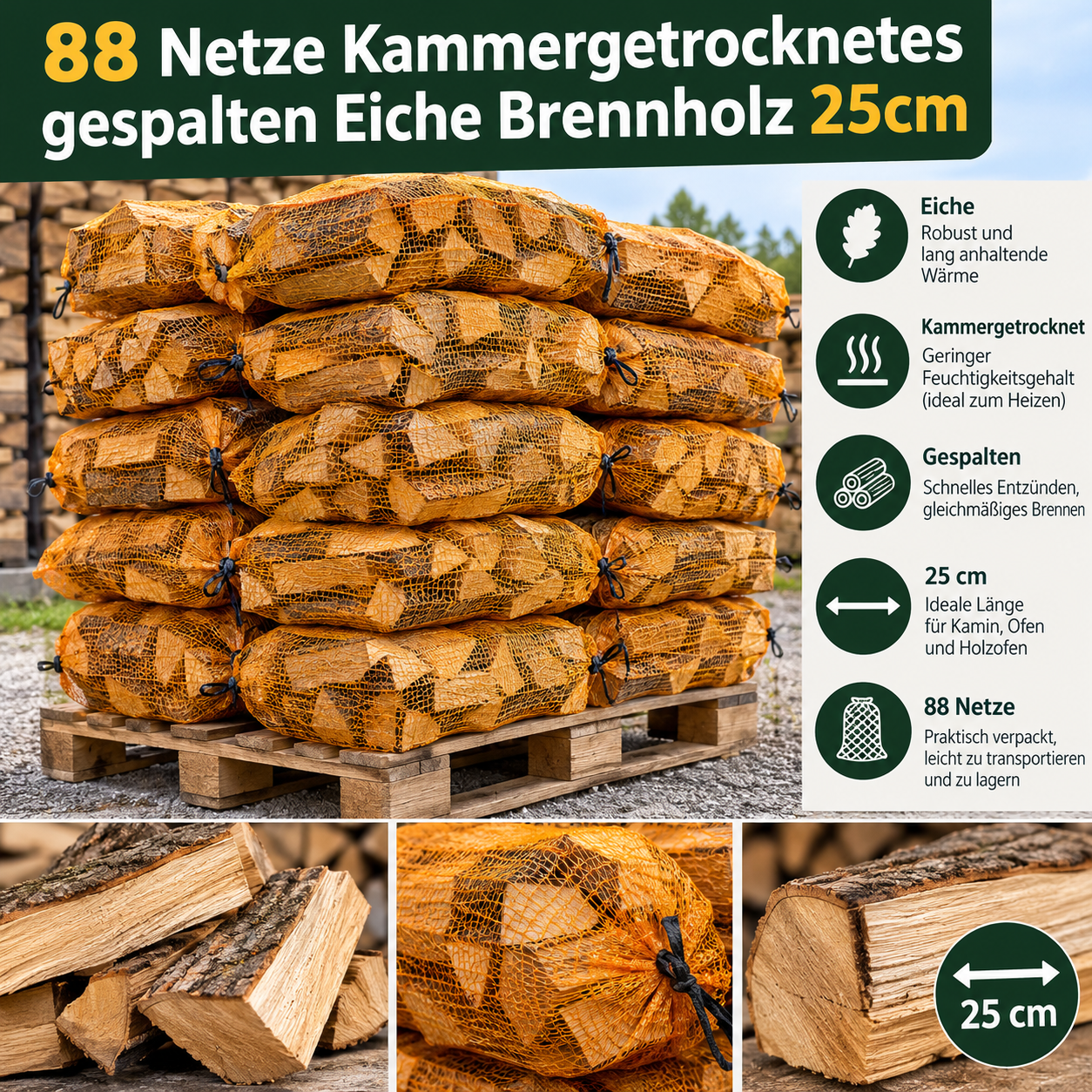 88 Netze Kammergetrocknetes gespalten Eiche Brennholz 25cm